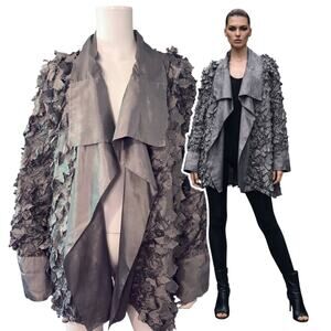 Sterling Styles 3D Silk Shredded Silver Kimono Top One Size Wearable Art Texture